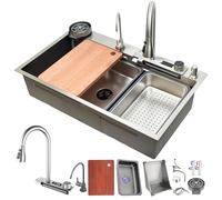 80 x 50 cm, lavello a cascata, 1 bacino rettangolare, in acciaio inox spazzolato, grande lavello da cucina, con rubinetto estraibile, sifone, troppopieno e scarico