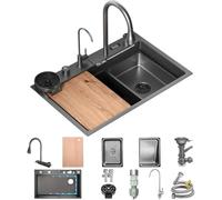 80 x 50 cm Lavello Da Cucina In Acciaio Inox,Vasca Singola Lavello Da Cucina A Cascata,Con Display Digitale Rubinetti Retrattili,Cestello Di Drenaggio, Dispenser Sapone, Sifone,Troppopieno E Accessori