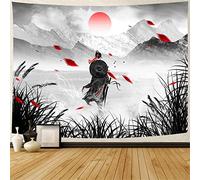 803 Arazzo Da Muro Samurai Giapponese Ragazza Petalo Rosso Paesaggio Di Montagna Bianco E Nero Giapponese Arazzi Multiuso Decorazione Telo Mare, Per Camera Da Letto, Balcone, 100x150cm