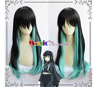 80CM Demon Slayer: Kimetsu no Yaiba Tokitou Muichirou parrucca cosplay lunga sfumatura nero blu capelli lisci sintetici + cappuccio parrucca