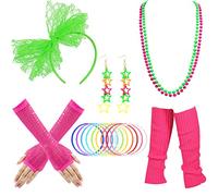 80s accessori costume per le donne 80s costume con pizzo neon fascia orecchini a rete guanti scaldamuscoli collana braccialetto, Colori assortiti, Medium