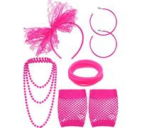80s Accessories for Women Costume Lace Headband Earrings Fishnet Gloves Necklace Bracelet for 80's Party (Rose Red)