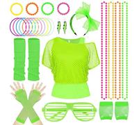 80s Damen Neon Fishnet Outfit, Fancy Dress Set with Necklace Bracelet Luminous Bracelet Short Gloves Long Gloves Glasses Earrings Headband Leg Warmers Fishnet Short-sleeved Vest for Disco Party