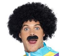 80's Scouser Nero Parrucca Afro + Baffi Set Uomo Tach Kit 118 Costume