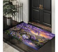 80X120Cm Zerbino Ingresso Interno Antiscivolo Assorbente, Tappeto In Microfibra Sottile Lavabile Con Paesaggio Fantastico Glicine In Fiore Architettura Rurale Per Cucina Bagno Porta E Animali, Viola