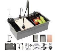 80x45cm Lavello Da Cucina In Acciaio Inox Nero Multifunzione 1 Vasca Con Rubinetto Estraibile A Cascata Dispenser Sapone Lavabicchieri Per Montaggio A Vista O In Alto Completo Di Accessori Come Sifone