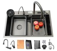80x50cm Lavandino Cucina, Cascata Lavello Cucina, 1 Vasche In Acciaio Inox Nero Rettangolare, Lavello Cucina Multifunzione Per Workstation, Accessori Completi