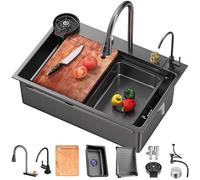 80x50cm Lavandino Cucina, Cascata Lavello Cucina, 1 Vasche In Acciaio Inox Nero Rettangolare, Lavello Cucina Multifunzione Per Workstation, Accessori Completi