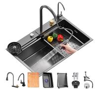 80x50cm Lavandino Cucina, Lavello Cucina A Cascata Multifunzionale In Acciaio Inox, Lavello Cucina 1 Vasca, Con Rubinetti Estraibili E Scolapiatti E Scarico