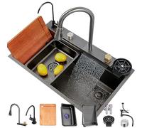 80x50cm Lavello Da Cucina A Cascata, Lavello Da Cucina In Acciaio Inossidabile Nero, Versatile Lavello Moderno A Vasca Singola Con Rubinetto A Estraibile E Accessori