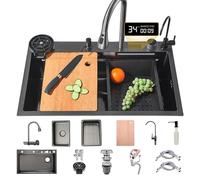 80x50cm Lavello Da Cucina In Acciaio Inox Nero Multifunzione 1 Vasca Con Rubinetto Estraibile A Cascata Dispenser Sapone Lavabicchieri Per Montaggio A Vista O In Alto Completo Di Accessori Come Sifone
