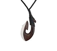81stgeneration Ciondolo Long Hei Matau in Osso e Legno Intagliato a Mano | Accessorio da Surfista da Uomo | Collana Fatta a Mano con Cordino e Amo da Pesca in Stile Maori