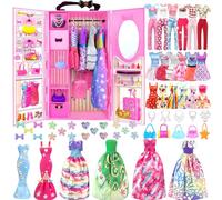 82Pcs Vestiti e Accessori per Bambole con Armadio per Bambole da 11,5 Pollici - Set di Bambole di Design che include Abiti da Sposa e Vestiti di Moda Top e Pantaloni Grucce e Borse per Ragazze