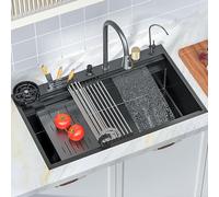 86/100 x 52 cm grande lavello da cucina in acciaio inox nascosto con pioggia volante cascata lavello con porta coltello e vari accessori (colore: B, dimensioni: 100 x 52 cm)