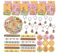 86 pezzi Capybara, regalo per feste di compleanno per bambini, 12 sacchetti Capybara Goodie, 50 adesivi Capybara, 12 portachiavi Capybara, 12 bracciali a percussione Capybara per feste