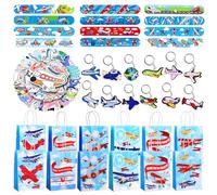 86 pezzi Set di regalini per feste con aerei, forniture per feste con decorazioni ad aerei, 12 sacchetti regalo, 12 portachiavi ad aereo, 12 braccialetti, 50 adesivi per feste di compleanno per