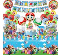 86 pezzi Super Bro Decorazione di compleanno, cartone animato, set di stoviglie per feste di compleanno per bambini, con palloncini, piatti di carta, tovaglioli, decorazioni per feste per 10 ospiti