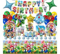 86 pezzi Super Bro Decorazione di compleanno, cartone animato, set di stoviglie per feste di compleanno per bambini, con palloncini, piatti di carta, tovaglioli, decorazioni per feste per 10 ospiti