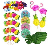 88 Hawaii Decorazioni per Cocktail, Ombrelli da Cocktail 3D Etichetta di Frutta del Cocktail Foglie di palma artificiali, Decor floreali Materiali per feste estive tropicali per Bar, Aloha Party