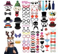 89 Pezzi Photo Booth Matrimonio Compleanno, Gadget Matrimonio, Accessori Compleanno, Photo Booth Kit di Travestimento con Bastoncini di Legno e Adesivi, Ideale, Compleanni, Matrimoni e Feste