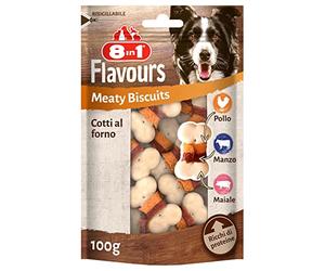 8in1 Flavours Meaty Biscuits - Deliziosi bocconcini per cani con tre gusti in un unico snack, busta da 100 g
