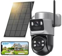 8MP Telecamera di sorveglianza WiFi esterna a doppio obiettivo, 4K Rilevamento umano con pannello solare,360° PTZ Telecamera IP,2.4G/5GHz,Monitoraggio automatico,visione notturna colore,audio