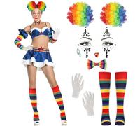 8PCS Accessori Clown Donna, Parrucca Clown Arcobaleno Calze a Righe Brillantini Viso Arcobaleno Papillon Guanti Bianchi, Accessori da Pagliaccio Costume Clown per Halloween Carnevale Cosplay Party