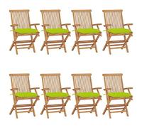8pz Teak Wood Folding Garden Chairs with Light Green Cushions, Outdoor Patio Furniture Set for Terrace, Foldable Armchairs with Thick Padding, Weather-Resistant Solid Wood Dining Seating