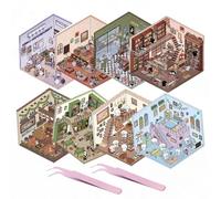 8Sets DIY 3D House Stickers, Fun DIY Stickers Scene Make Your Own Supermarket|Coffee Shop|Restaurant|Bookstore, Fun DIY Stacking Scene Stickers, DIY 3D Sticker Scene Stickers