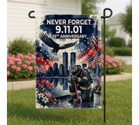 9/11 Memorial Memorial Tribute Firefighter Garden Flag 30,5 x 45,7 cm | Memoriale Patriottico, Bandiera del prato, Sagoma del pompiere in ginocchio, Aquila calva americana, Torri gemelle di New