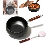 9"/11" Uncoated Iron Pan with Wooden Lid, Japanese Iron Pan, Hand Forged Non-Stick Irons Pans, Big Belly Pot Ironss Panss Stock Pot, for High-Heat Frying, Gas Stoves Induction Hobs (A-1,9.45in)