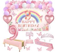 9° compleanno, 47 striscioni rosa arcobaleno per 9 anni, tovaglia, decorazione a farfalla, fascia e tiara per il 9° compleanno, decorazione per torte, candele, arco palloncini