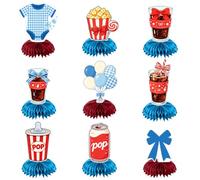 9 decorazioni a nido d'ape per baby shower a tema "She's Ready to Pop", ideali per future mamme. 9 decorazioni a nido d'ape blu e rosse per centrotavola