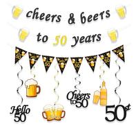 9 decorazioni per il 50° compleanno in nero e oro con striscione "Cheer", striscione "Cheers & Beers to 50 Years", decorazioni per feste con glitter e sagome a tema per la festa di compleanno.
