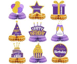 9 decorazioni per la tavola di compleanno viola e oro, centrotavola viola per tavolo a nido d'ape, decorazione per uomini, donne, ragazze, bambini, adolescenti, forniture per feste