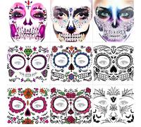 9 fogli di tatuaggio per carnevale, Halloween, tatuaggio per il viso, accessori per costume di Halloween, 6 Tatoo temporaneo + 3 pietre glitterate per il viso con teschio, adesivi Dia de Los Muertos