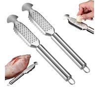 9 Inch 2-in-1 Stainless Steel Fish Scaler with Ginger Garlic Grater Plate, Hanging Handle Tool for Easy Descaling and Cleaning, Kitchen Use for Home Cooks (2 Pcs A)
