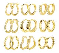 9 Paia orecchini cerchio piccoli, orecchini donna oro 14k Placcato, cerchi orecchini, Argento Sterling S925 Set di Piccoli Orecchini a Cerchio in Argento Dorato Orecchini Huggie Hoop