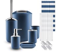 Clara Clark, Set di accessori da bagno, blu navy, 20 pezzi, set di tende da doccia con fodera, portaspazzolino, erogatore di sapone, portasapone, portascopino e cestino della spazzatura