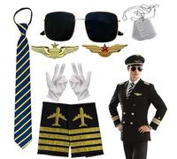 9 pezzi cappello pilota uomo accessori pilota cappello accessori con occhiali da pilota cravatta spalline distintivo spilla collana guanti per adulti uomini carnevale festa cosplay