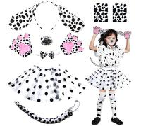 9 Pezzi Costume Cane Bambina,Costume da Dalmata per Bambini,Costume Dalmata per Bambina,Con Gonne, Papillon, Coda,Naso,Guanti per Imitazione Dog Animale Festa