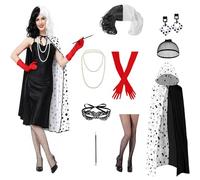 9 pezzi costume da cruella da donna, costume da cruella diavolo, mantello da donna, nero e bianco, costume da carnevale da donna, per carnevale e cosplay
