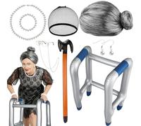 9 Pezzi Costume Nonna Deambulatore Gonfiabile Scherzo Bastone Kit Parrucca da Nonnina per Travestimento Occhiali da Nonna Gioielli di Perle Accessori Cosplay per Halloween Carnevale Festa Compleanno