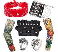 9 Pezzi Costume Rock Accessori, Accessori Costume Punk con Falso Tatuaggio Maniche Copre Bandana Nero PU Guanti Bracciale e Anelli per Donne Uomini Adulti Festa degli Anni 70 80 90