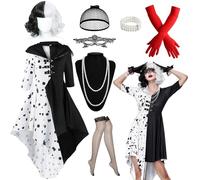 9 pezzi cruella costume da donna Halloween Cruella Devil accessori kit con abito corto nero bianco parrucche pizzo guanti collana calze a rete holder braccialetto di perle per cosplay carnevale