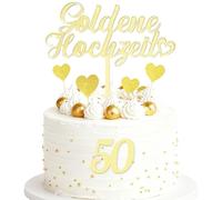 9 pezzi, decorazione per torta dorata, per matrimonio, 50 pezzi, decorazione per torta dorata, regalo di nozze dorato, numero 50, con 7 decorazioni a forma di cuore con glitter dorati