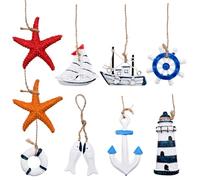 9 pezzi di decorazioni marittime piccole in legno, mini decorazione per finestra da appendere, barca, stella marina, pesce, timone, faro, volante, barche a vela, salvataggio in miniatura per rete da