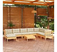 9 pezzi LG. Set salotto da giardino in legno di pino massiccio, cuscino bianco crema, mobili per esterni robusti per terrazza e balcone, ideale per rilassarsi e socializzare
