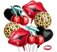 9 pezzi Palloncini per addio al nubilato - Kit di palloncini in foil nero e rosso con stampe di ciliegie, labbra, motivo leopardato per decorazioni "Kiss the Miss Goodbye", forniture per feste di comp