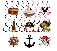 9 pezzi pirati per feste a tema pirata, decorazione da soffitto a spirale, stelle filanti pirati, teschi, pappagalli e tesori, ideali per feste a tema come Caraibi, nautica e caccia al tesoro
